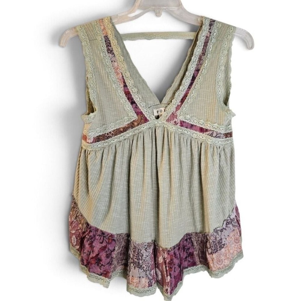 POL Ribbed Floral Lace Trim Babydoll Tank Top Size S YKT813A